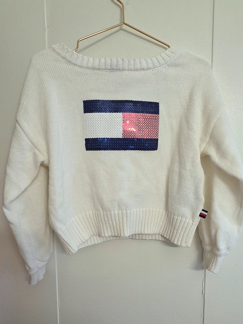 Tommy Hilfiger White Crewneck Sweater with Sequin Flag Accent